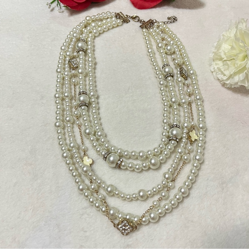 Vintage Multi-strand Layered Pearl & Crystals Statement Necklace W/Clover Charms - Picture 3 of 13
